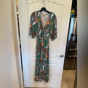Boden Floral Faux Wrap Jersey Maxi Deep V Dress Green Pineapple bloom size 16-18